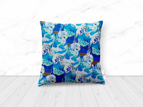 BAFFLING BLUE BUDGIES CUSHION - weatherproof 38cm x 38cm