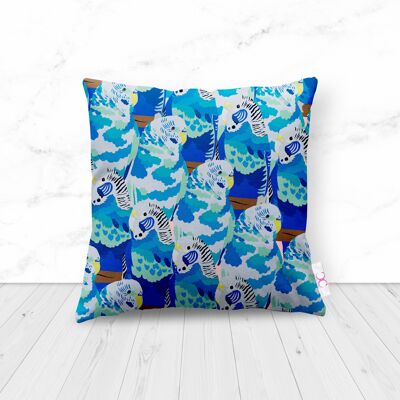 BAFFLING BLUE BUDGIES CUSHION - weatherproof 38cm x 38cm