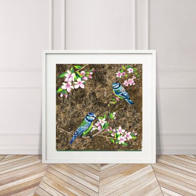 BLAUE MEISE UND BLUMEN SIGNIERTER KUNSTDRUCK IN LIMITIERTER AUFLAGE - A - Papier - 12,5" x 12,5"