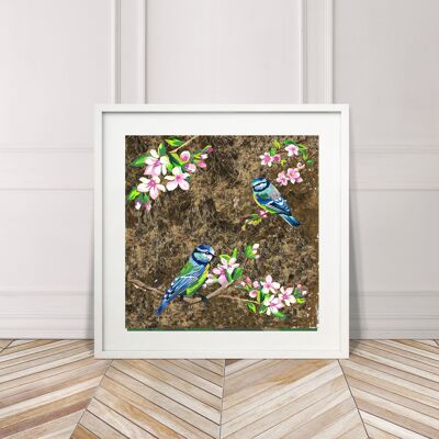 BLUE TITS AND FLOWERS LIMITED EDITION SIGNED ART PRINT - A - paper - 12.5” x 12.5”