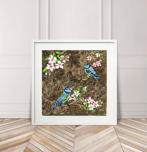 BLUE TITS AND FLOWERS LIMITED EDITION SIGNED ART PRINT - C - paper - 22.5" x 22.5"