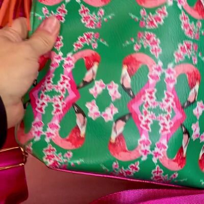 BORSA A MANO IN PELLE VEGAN FLAMINGO E FIORI - Nero