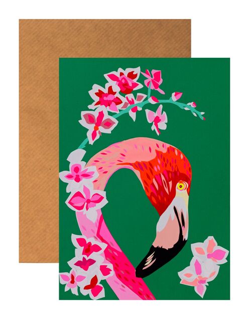 FLAMINGOS AND FLOWERS GREETING CARD