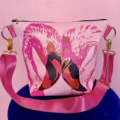 MAGENTA FLAMINGOS VEGAN LEATHER HANDBAG - black