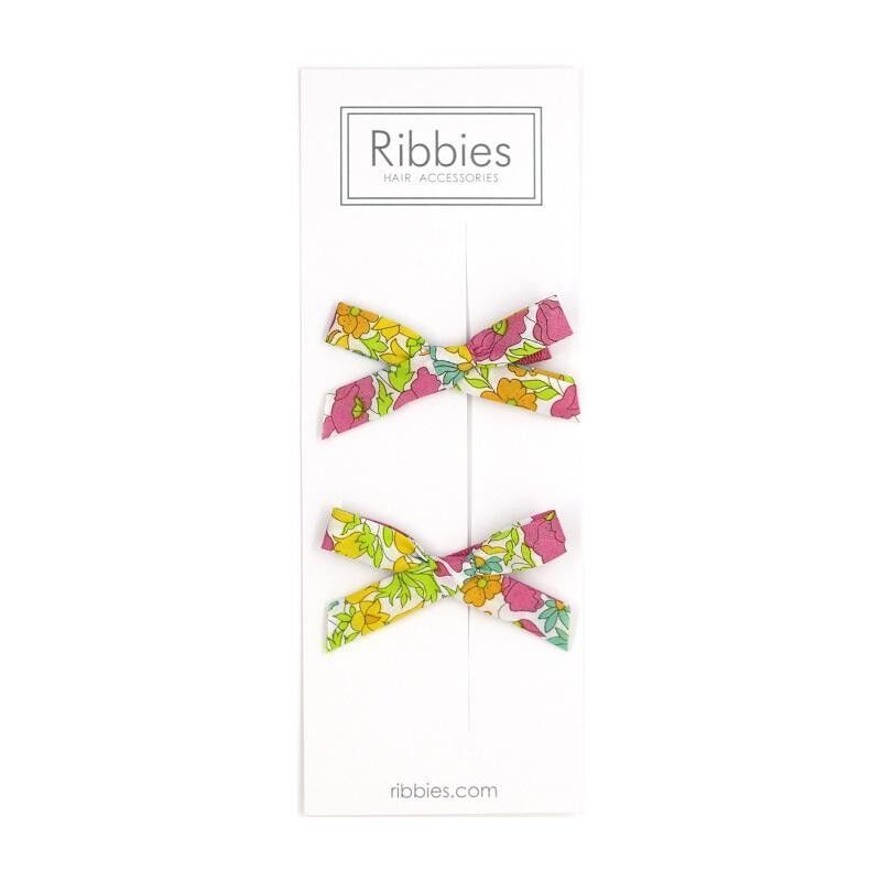 Paire de Barrettes à Nœud en Liberty - Poppy & Daisy Jaune, Rose et Vert