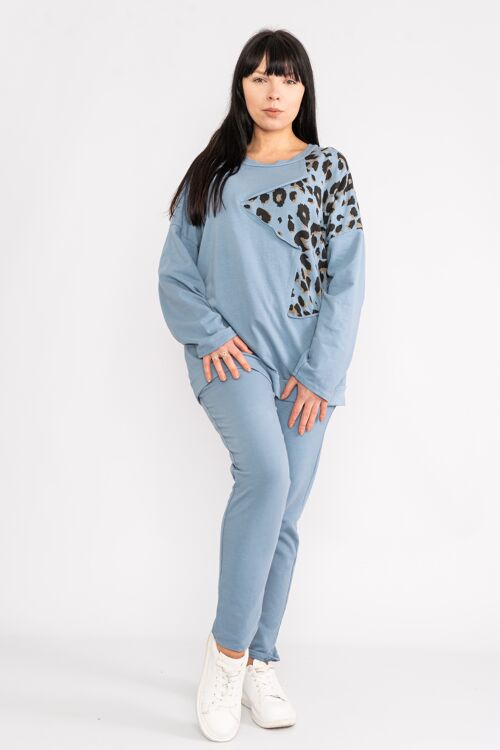 00059 - Denim Blue long sleeve loungewear set with animal print shoulder