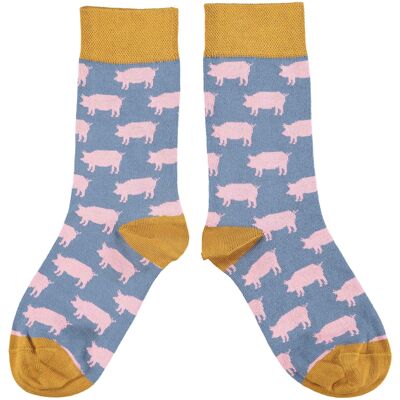 Women's Organic Cotton Crew Socks - pigs smoky blue