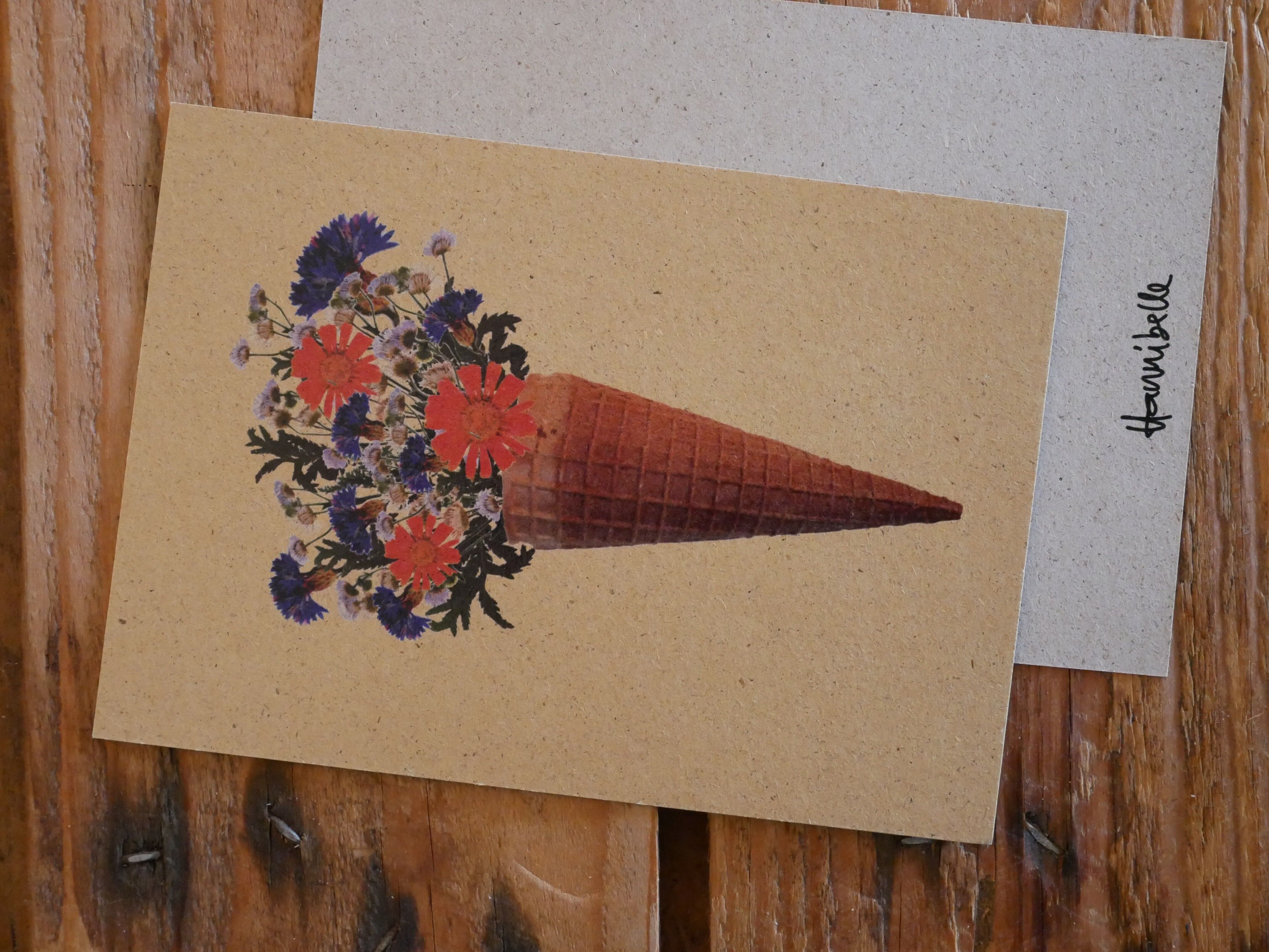 Postcard ice cream cone with flowers