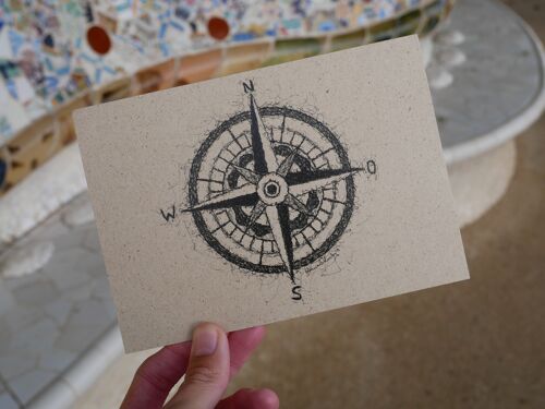 Postkarte Zeichnung Kompass Windrose