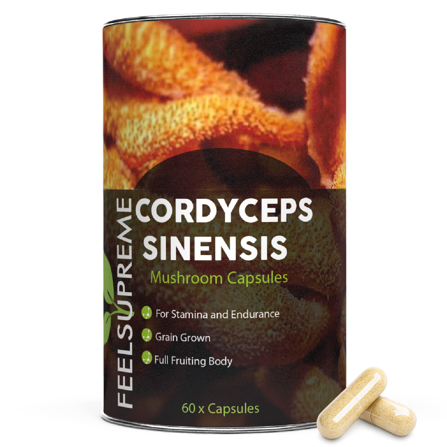 Feel Supreme Premium Cordyceps Sinensis Mushroom Capsules | Natural Energy, Stamina & Immune Support | Fermented, Full Fruiting Body, Dual Extracted | Vegan Friendly | 60 Capsules