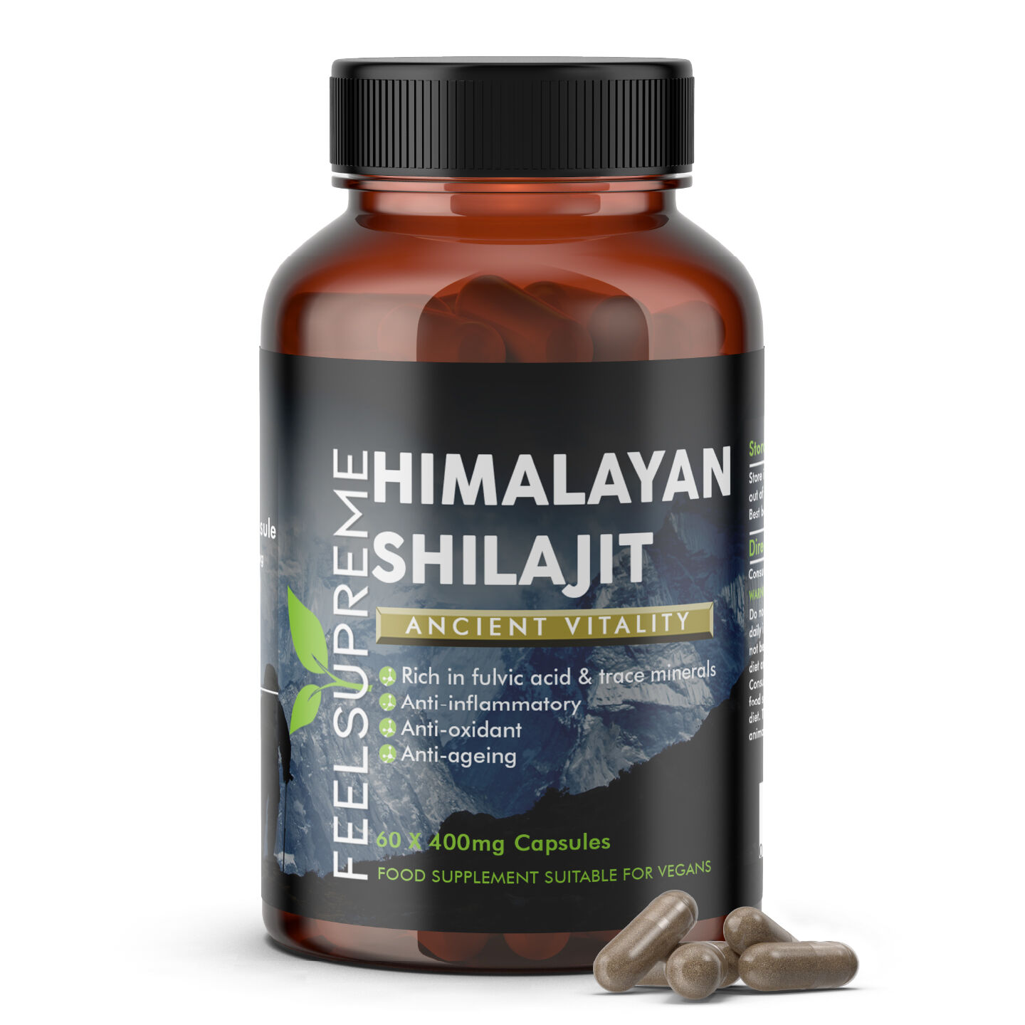 Feel Supreme Premium Himalayan Shilajit Capsules | Rich in Fulvic Acid & 80+ Minerals | Boosts Energy, Stamina, Cognitive Function & Immunity | 60 Vegan Capsules