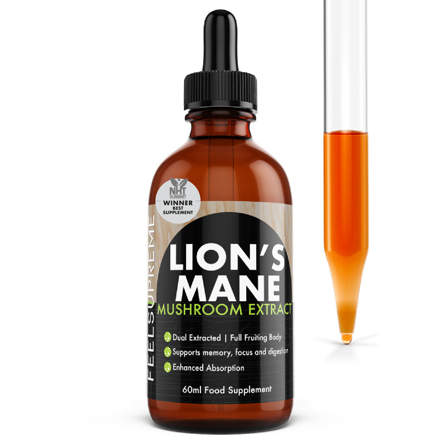 Feel Supreme Organic Lion's Mane Mushroom Liquid Supplement | Supports Cognitive Function, Memory, Focus & Immune Health | Dual Extracted, Full Fruiting Body | 60ml