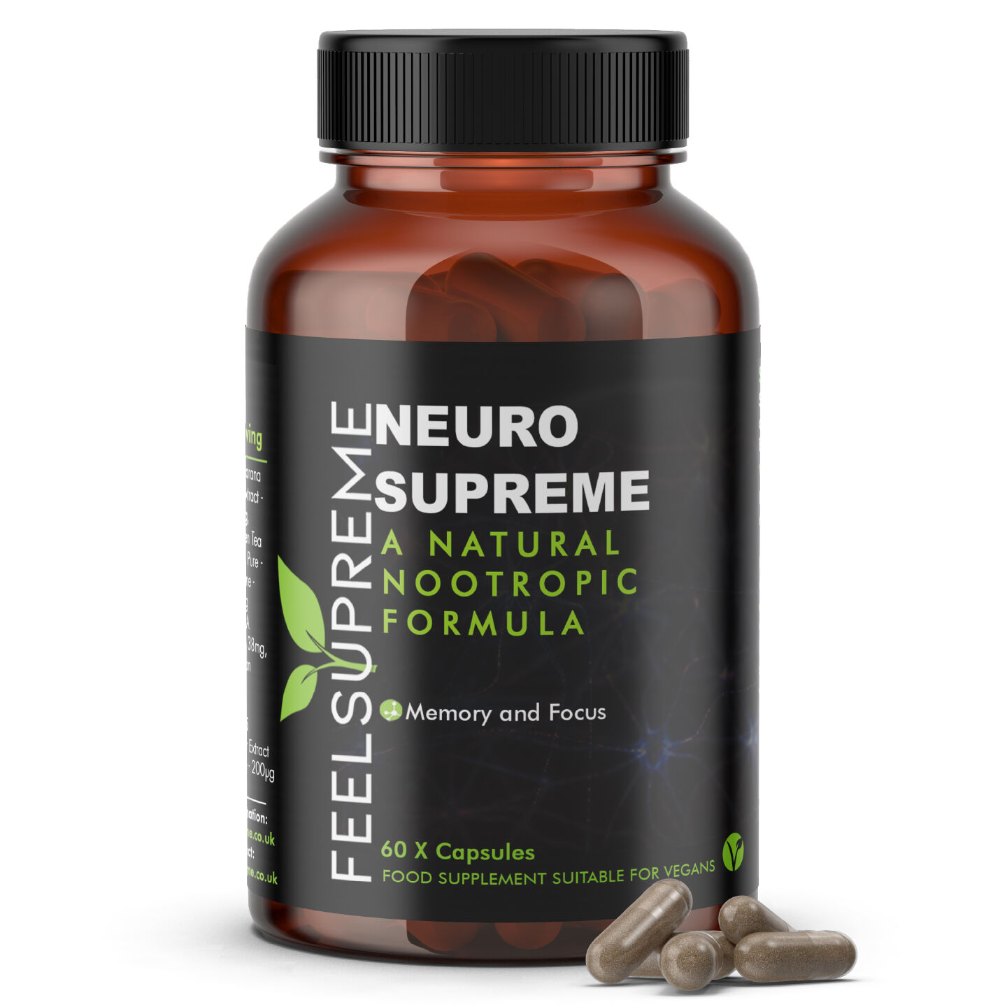 Feel Supreme Neuro Supreme Supplement | Natural Nootropic Formula | Enhances Focus, Concentration, Memory & Mental Performance | With Panax Ginseng and Guarana Extract | 60 Capsules