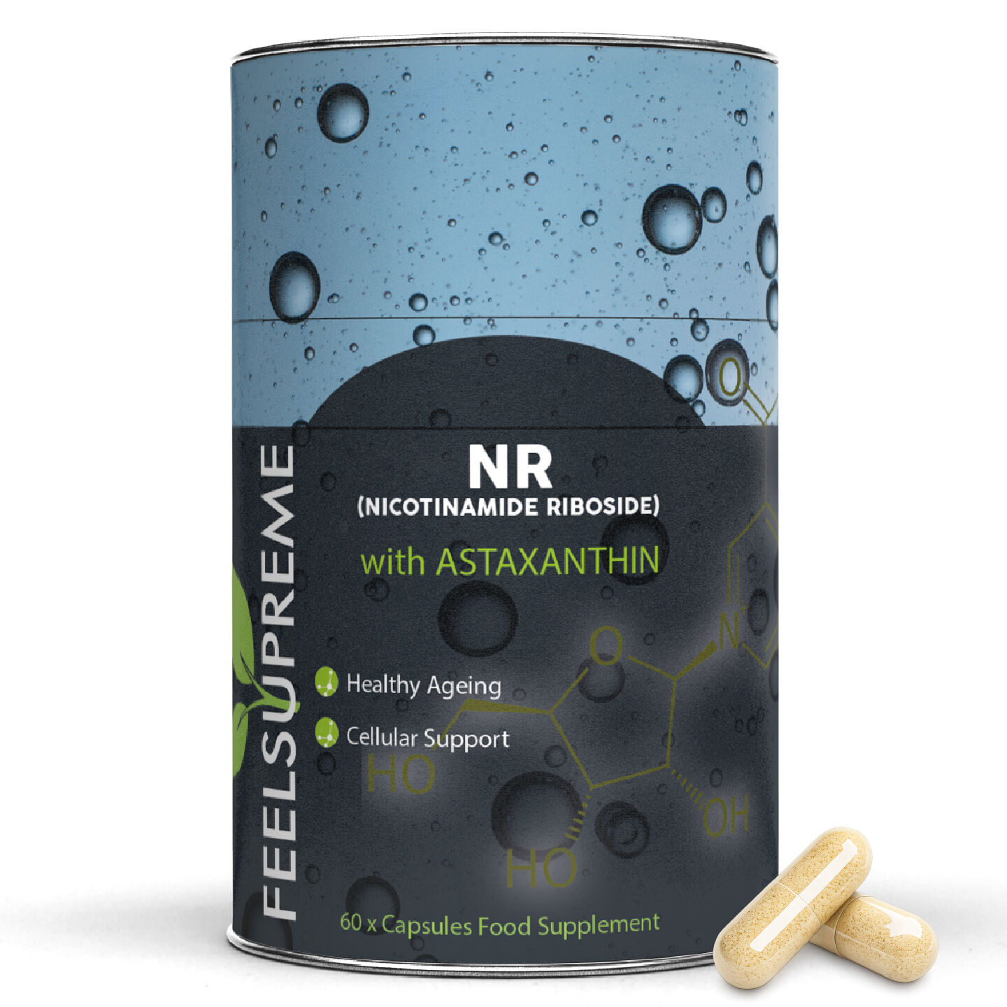 Feel Supreme NR with Astaxanthin Supplement | NAD+ Booster for Cellular Energy, Anti-Aging, Skin & Cognitive Health | 100% Natural, Vegan Friendly | 60 Capsules