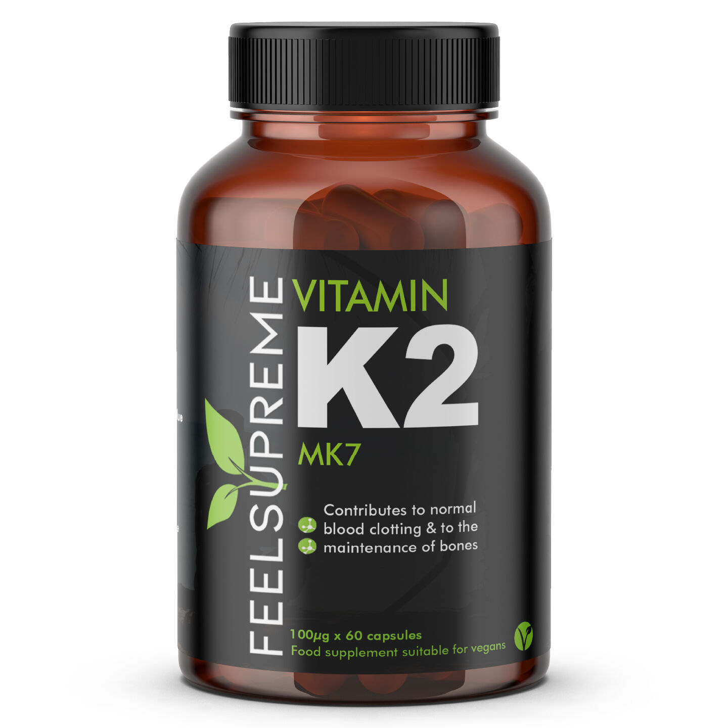 Feel Supreme Vitamin K2 MK7 Supplement | Bioactive Vitamin K2, Supports Bone & Cardiovascular Health | Non-GMO, 100% Natural, Vegan Friendly | 60 Capsules