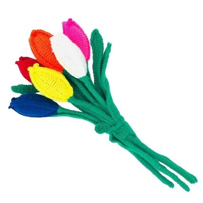 Bouquet di tulipani olandesi sostenibili in colori misti di morbida lana al 100% - 6 fiori di tulipano in rosso, rosa, giallo, bianco, blu, arancione - lavorati a mano all'uncinetto in Nepal - colori del bouquet di tulipani all'uncinetto