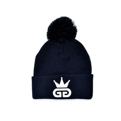 GGT Black Bobble Woolly Hat - All White Logo