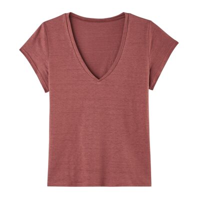 T-shirt col V femme lin - Terracotta