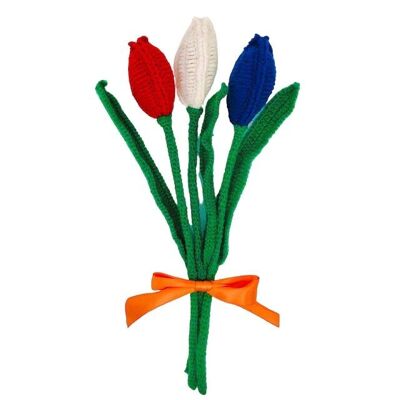 nachhaltiger niederländischer Tulpenstrauß in Rot, Weiß, Blau aus 100 % weicher Wolle – 3 Tulpenblüten – handgehäkelt in Nepal – gehäkelter niederländischer Tulpenstrauß