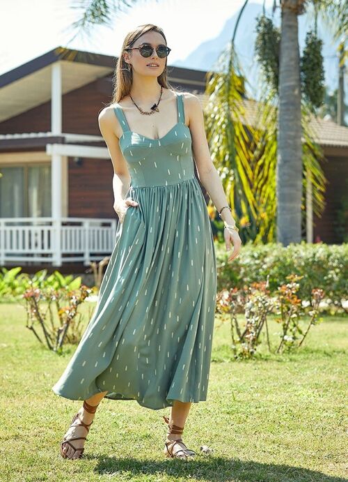 Elastic Strap Printed Green Bohemian Dress