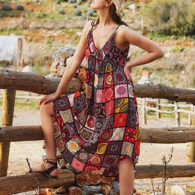 Spaghetti Strap Printed Boho Midi Dress Red