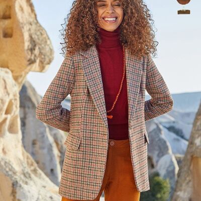 Women's Plaid Blazer Jacket Beige