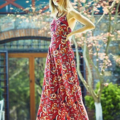 Floral Open Back Maroon Boho Jumpsuit