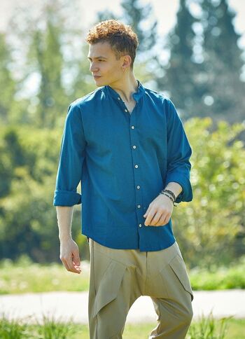 Chemise Homme Bleue Col Rond Manches Longues 3
