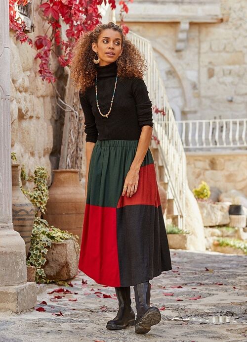 Elastic Waist Patchwork Midi Skirt Green-Red