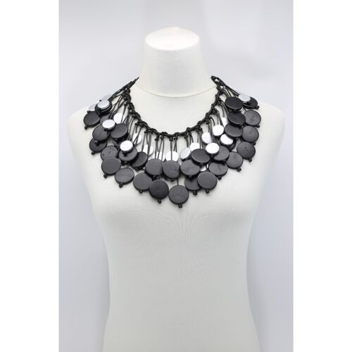 Coins on Hand-woven Leatherette Necklace - Duo - Black/Silver