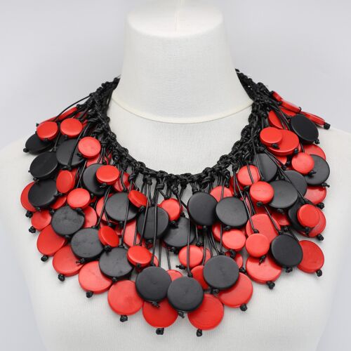 Coins on Hand-woven Leatherette Necklace - Duo - Red/Black