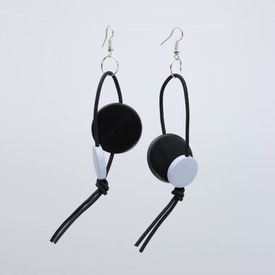 Coins on Leatherette Loop Earrings - Duo - Black/White