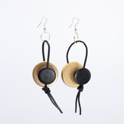 Coins on Leatherette Loop Earrings - Duo - Gold/Black