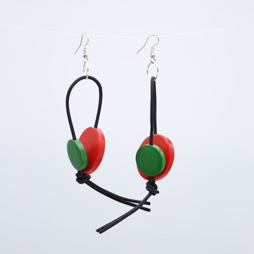 Coins on Leatherette Loop Earrings - Duo - Spring Green/Red