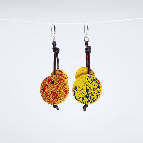 Coins on Leatherette silver hook earrings - Hand painted Yellow Graffiti