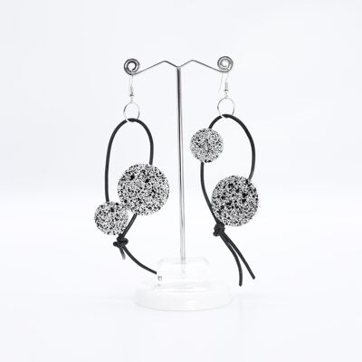 Coin on Leatherette Loop Earrings - Hand painted White/Black