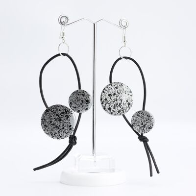 Coin on Leatherette Loop Earrings - Hand painted Silver/Black