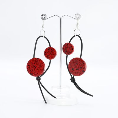 Coin on Leatherette Loop Earrings - Hand painted Red/Black