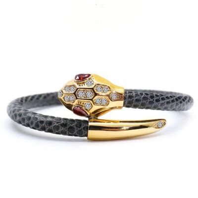 Pulsera de cuero de lagarto gris con cabeza de serpiente