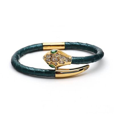 Snake Head Bracelet en cuir de python vert foncé or