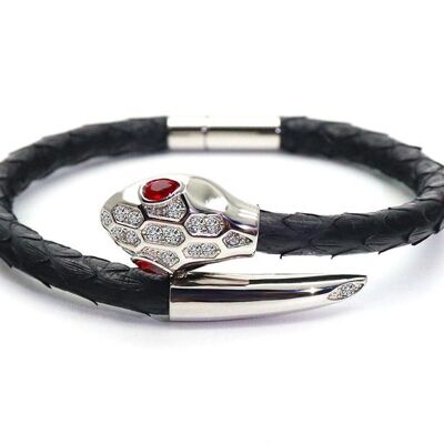 Bracciale in pelle di pitone nero con testa di serpente