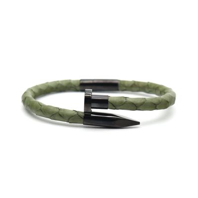 Pulsera de cuero de pitón verde militar con cabeza de clavo