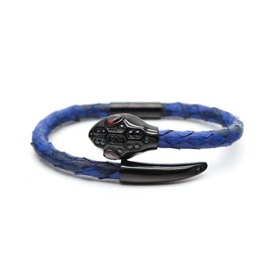 Bracciale in pelle di pitone blu con testa di serpente