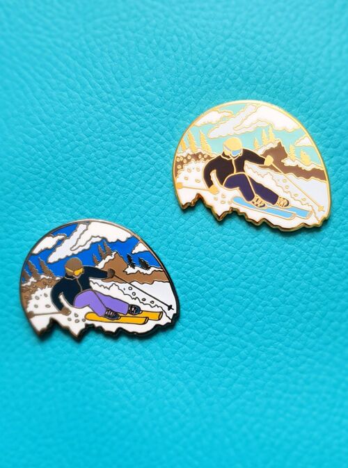 Skier Snow Scene Enamel Pin, 2 Pin Set