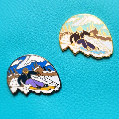 Skier Snow Scene Enamel Pin, 2 Pin Set