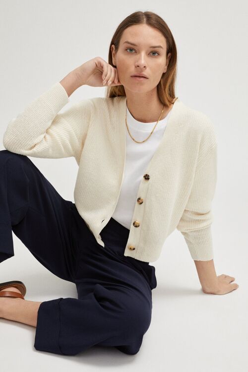 The Linen Cotton Ribbed Cardigan - Ivory