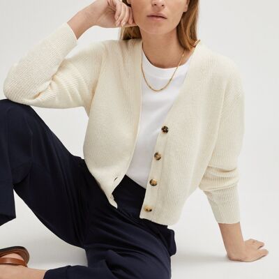 The Linen Cotton Ribbed Cardigan - Ivory - XS