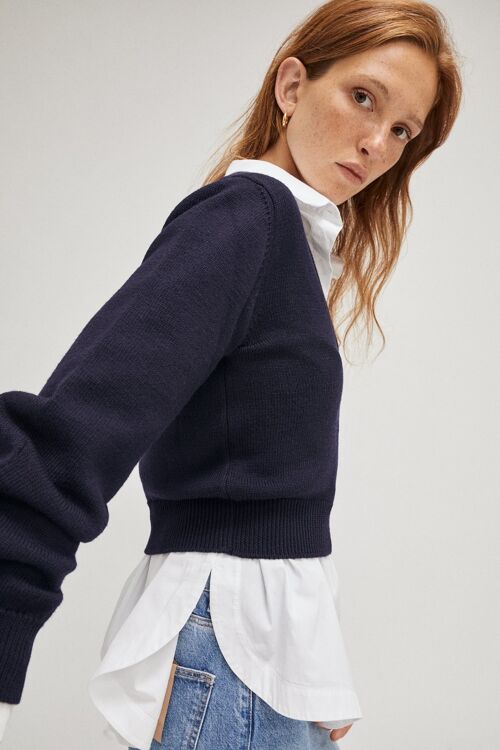 The Cropped V-neck Sweater - Blue Navy -