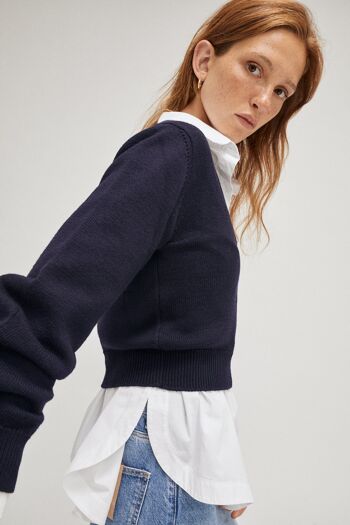 Le Pull Col V Court - Bleu Marine - 1