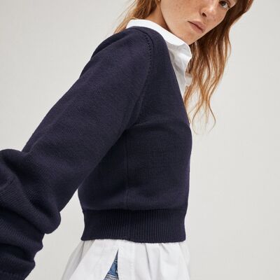 The Cropped V-neck Sweater - Blue Navy -